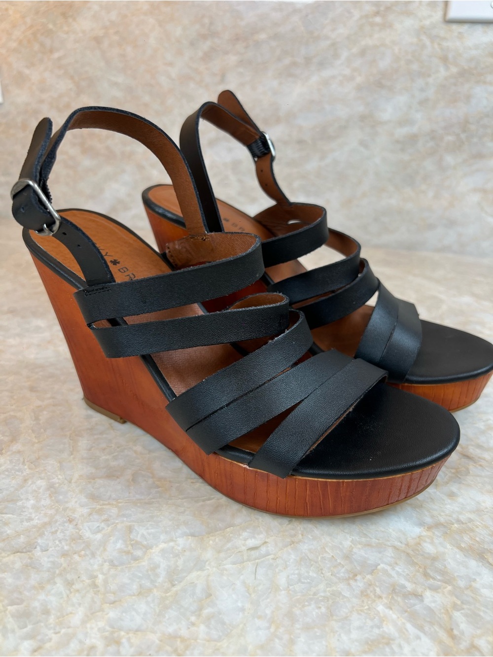 Lucky Brand Black Strappy Wood-Platform Wedge Sandals. Leather upper